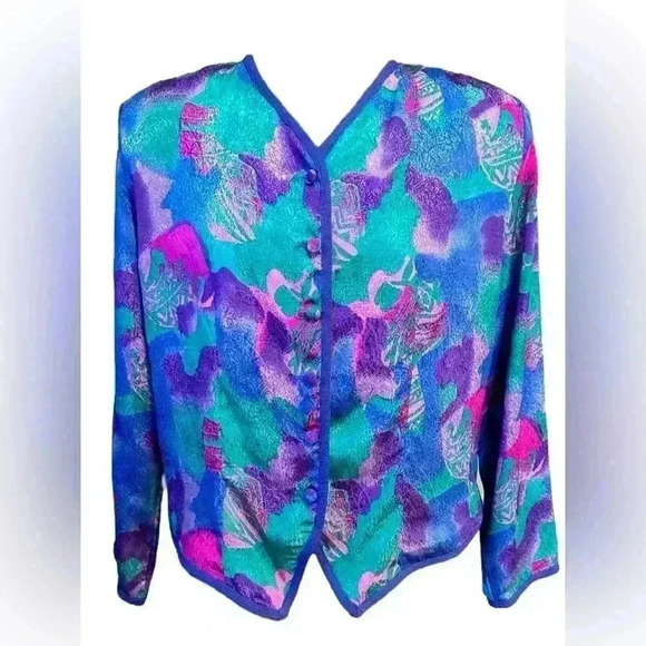 VTG Castleberry Womens Jacket Blazer Blue Purple Satin Button Down S/M - Picture 1 of 9